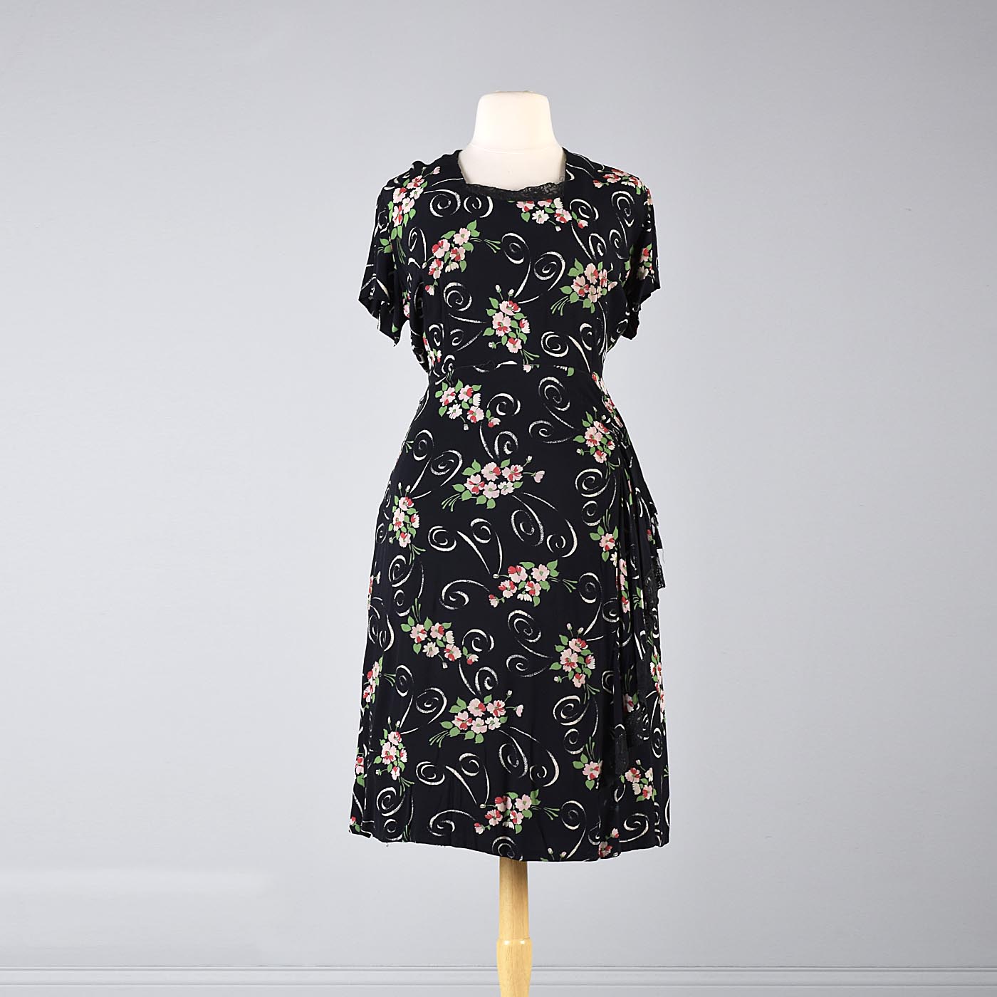 1940s Black Rayon Dress with Floral Print and Hip Sash