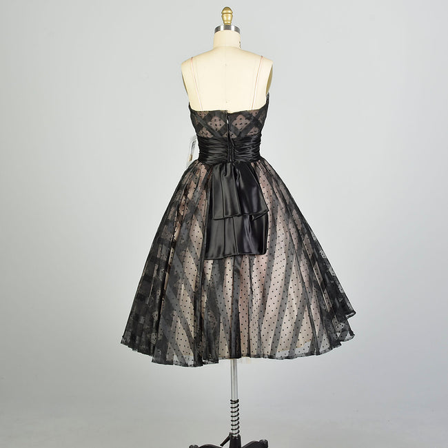 XS 1950s Black Strapless Striped Polka Dot Fit & Flare Cummerbund Party Prom Dress