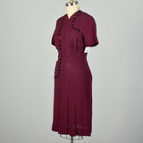 Medium 1950s Dress Plum Rayon Short Sleeve Casual Pin-Tuck Dress