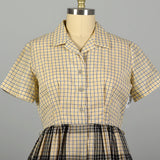XL 1950s Yellow Cotton Day Dress Black Plaid Short Sleeves Casual Volup