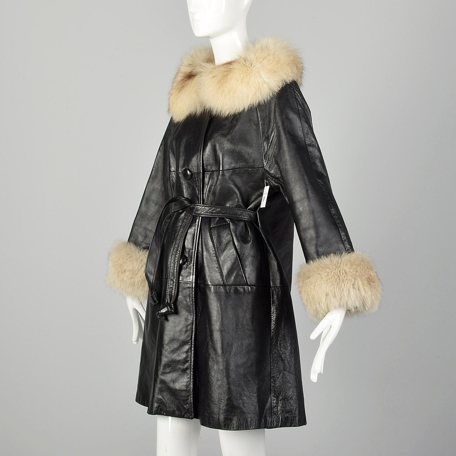 Medium 1960s Black Leather Coat with Fox Fur Trim