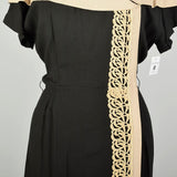 Large 1950s Wrap Dress Asymmetric Cape Collar Black Cream Applique