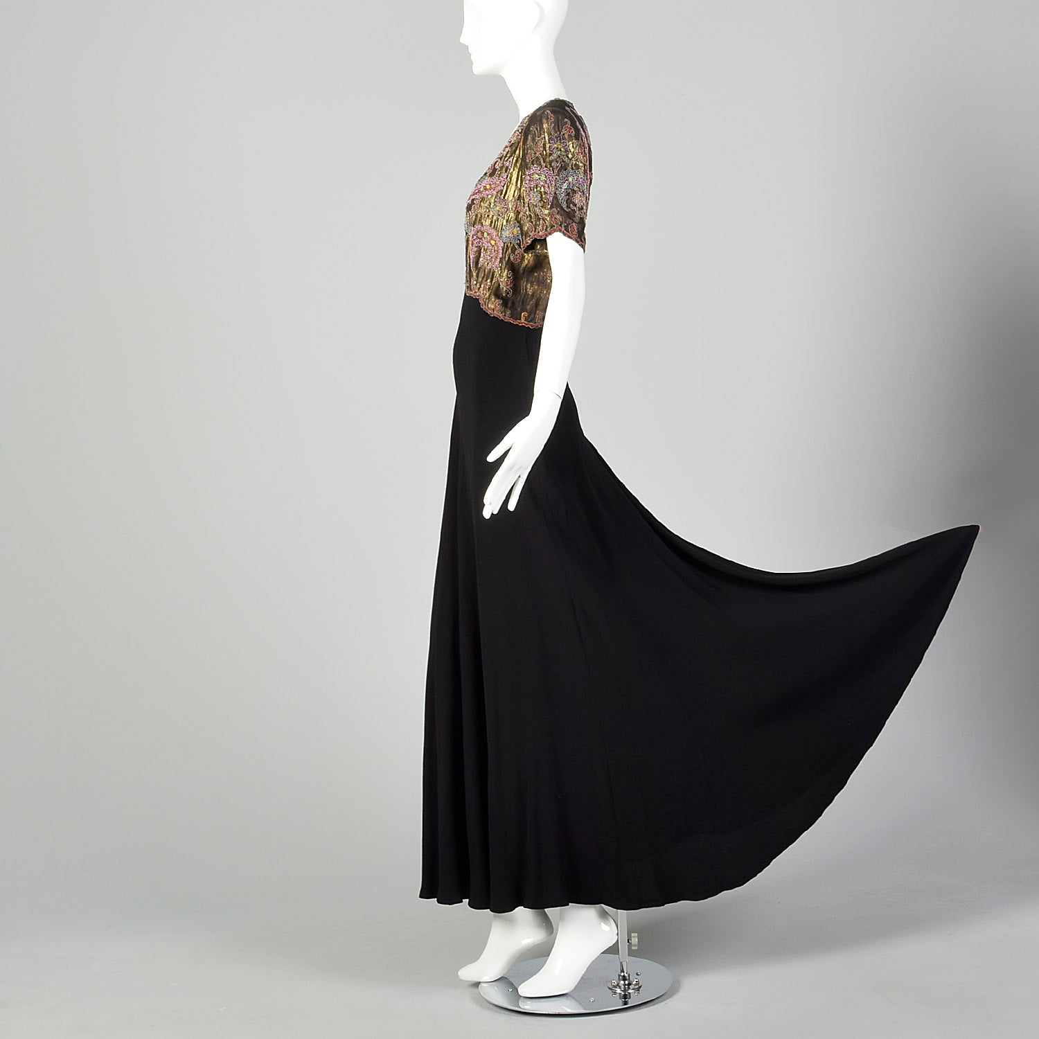 1940s Gold Lam Beaded Black Evening Gown Style & Salvage 1940s Gold Lam Beaded Black Evening Gown Style & Salvage