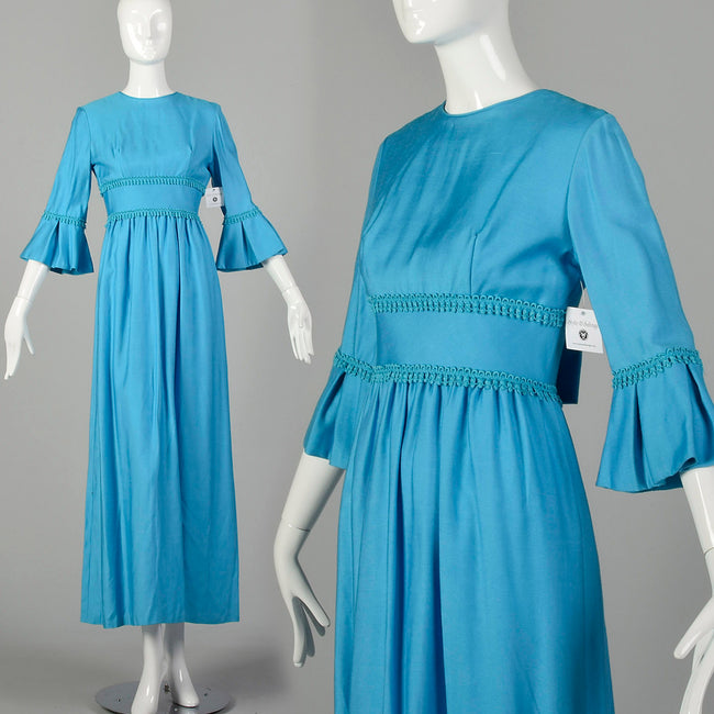 Small 1960s Dress Modest Casual Ruffle Sleeve Blue Maxi