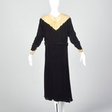 1920s Black Silk Velvet Dress with Lace Collar and Cuffs