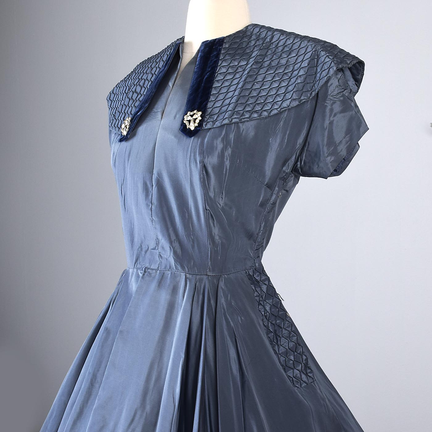 1950s Blue Taffeta Party Dress with Velvet Details