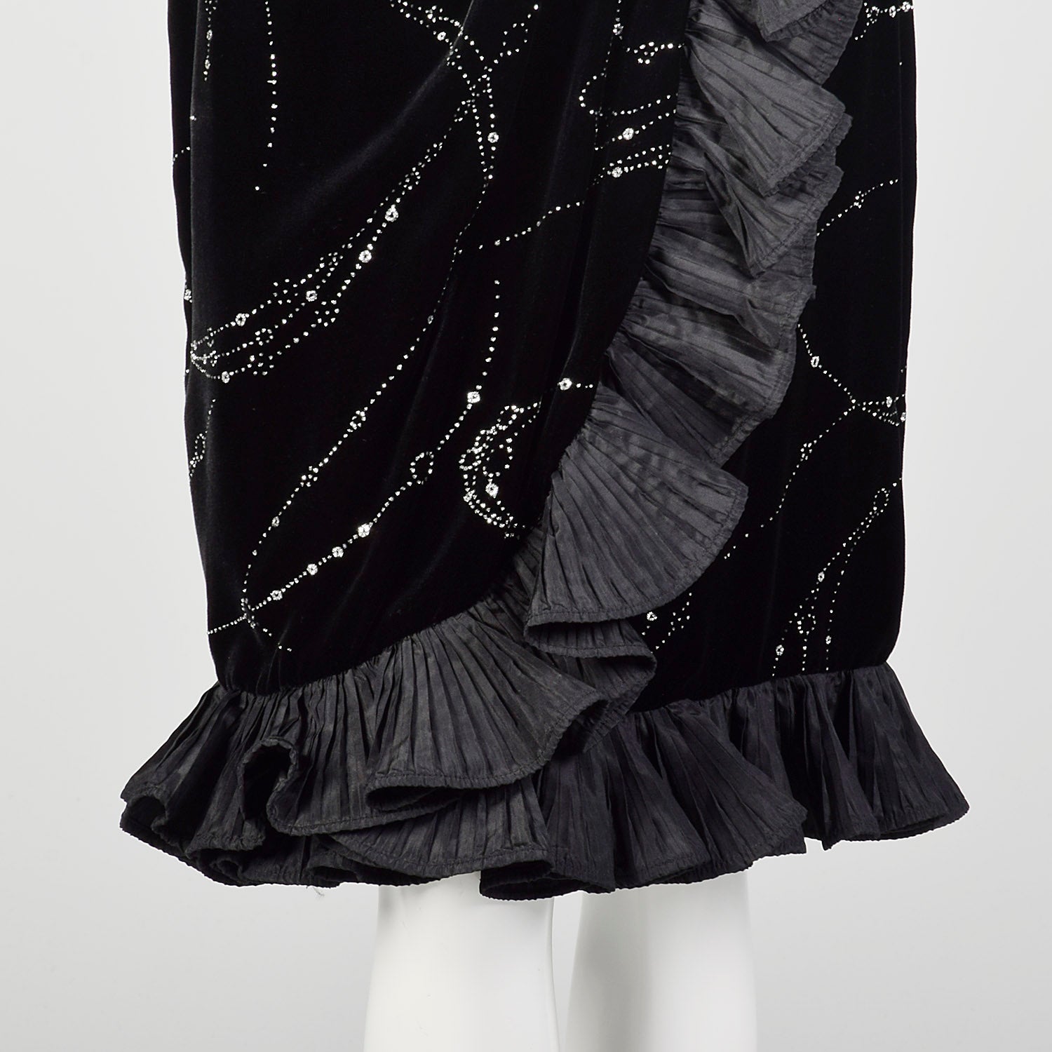 Large 1980s Escada Dress Black Velvet Glitter Ruffle Asymmetrical Hem Cocktail Party Evening Gown