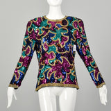 Medium 1990s Oleg Cassini Shirt Multicolored Sequin Formal Long Sleeve Eveningwear