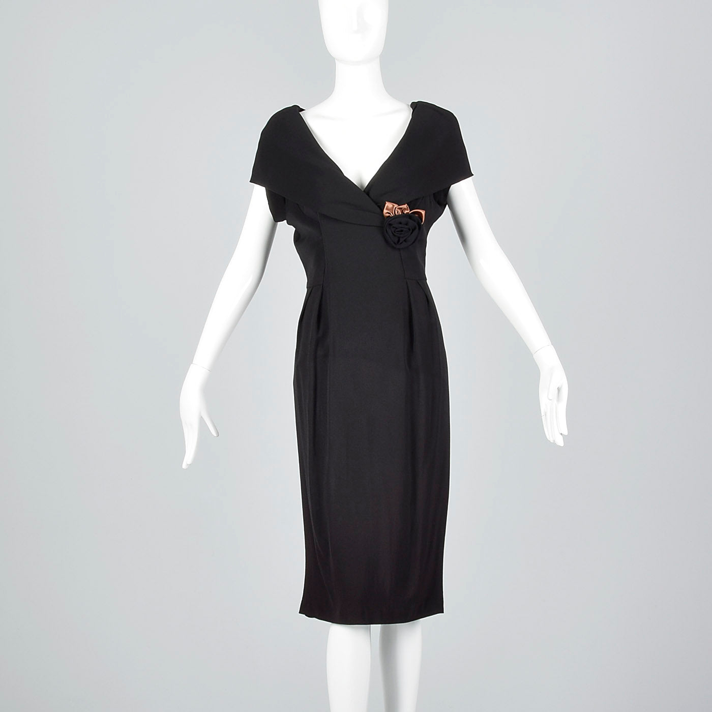 1950s Black Dress with Shawl Collar and Low Cut Front