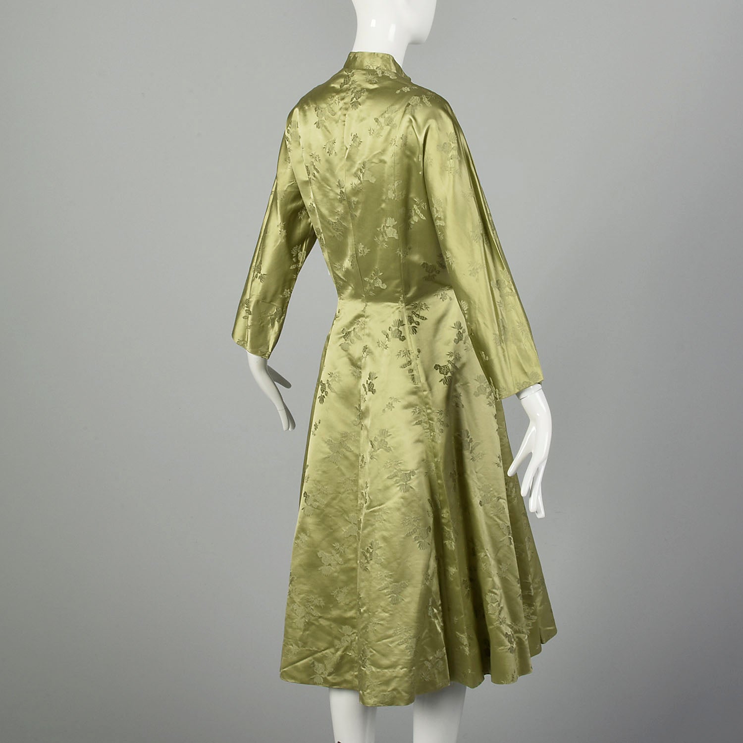 Medium 1960s Sage Green Asian Dress Hand Sewn Silk Frog Closures
