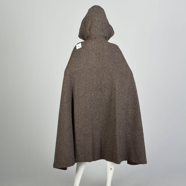 OSFM 1970s Cape Brown Hooded Tweed Wool Vintage Winter Outerwear