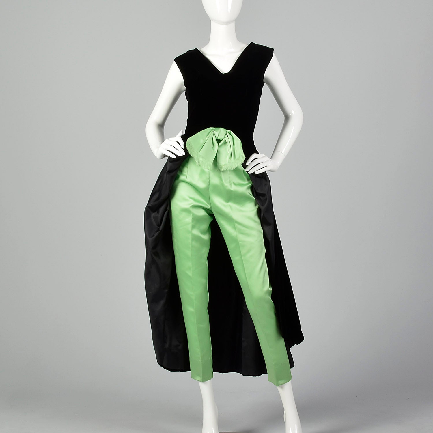 XS 1960s Black and Green Dress and Pants Hostess Set