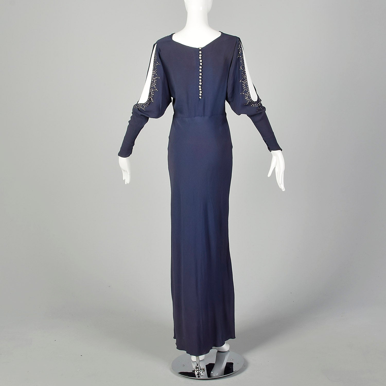 Small 1930s Blue Dress Bias Cut Rhinestone Slit Long Sleeve Evening Gown