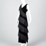 1980s Black Velvet Maxi Dress with Chiffon Ruffle