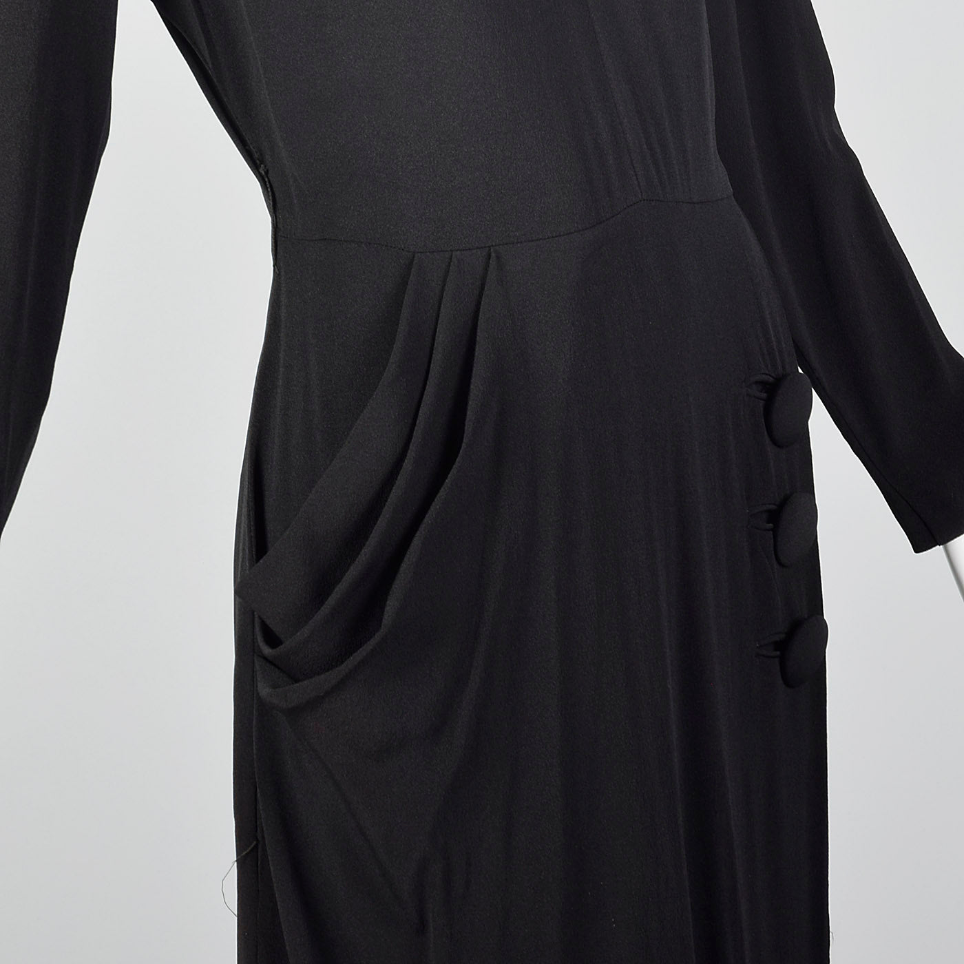 1940s Black Rayon Dress with Draped Hip Pocket
