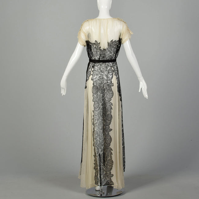 XS 1930s Old Hollywood Silk Gown Lace Black Ivory Panels Summer Sheer Flowy Sweeping Gown