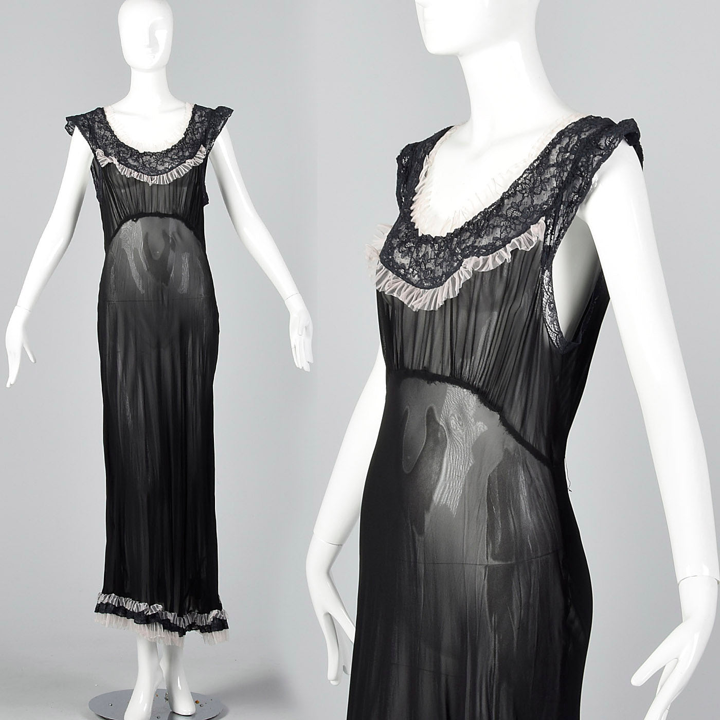 1930s Sheer Black Bias Cut Slip with White Trim