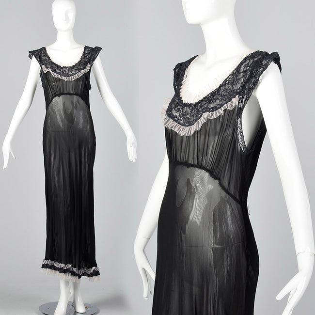 1930s Sheer Black Bias Cut Slip with White Trim