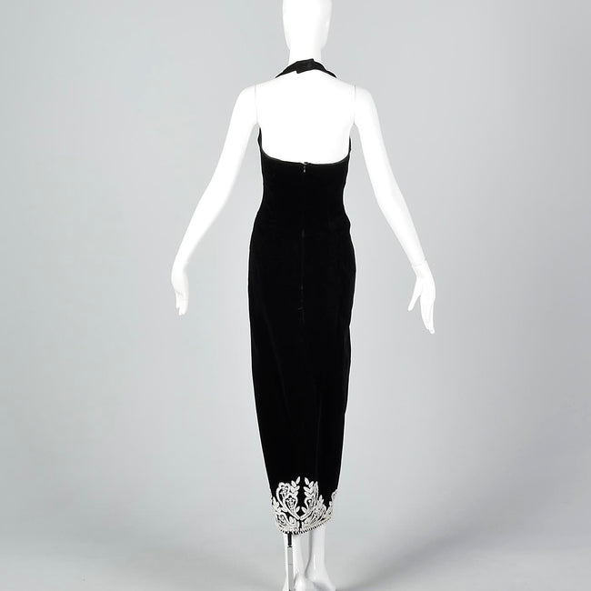 1980s Escada Black Velvet Dress with Faux Pearl Trim