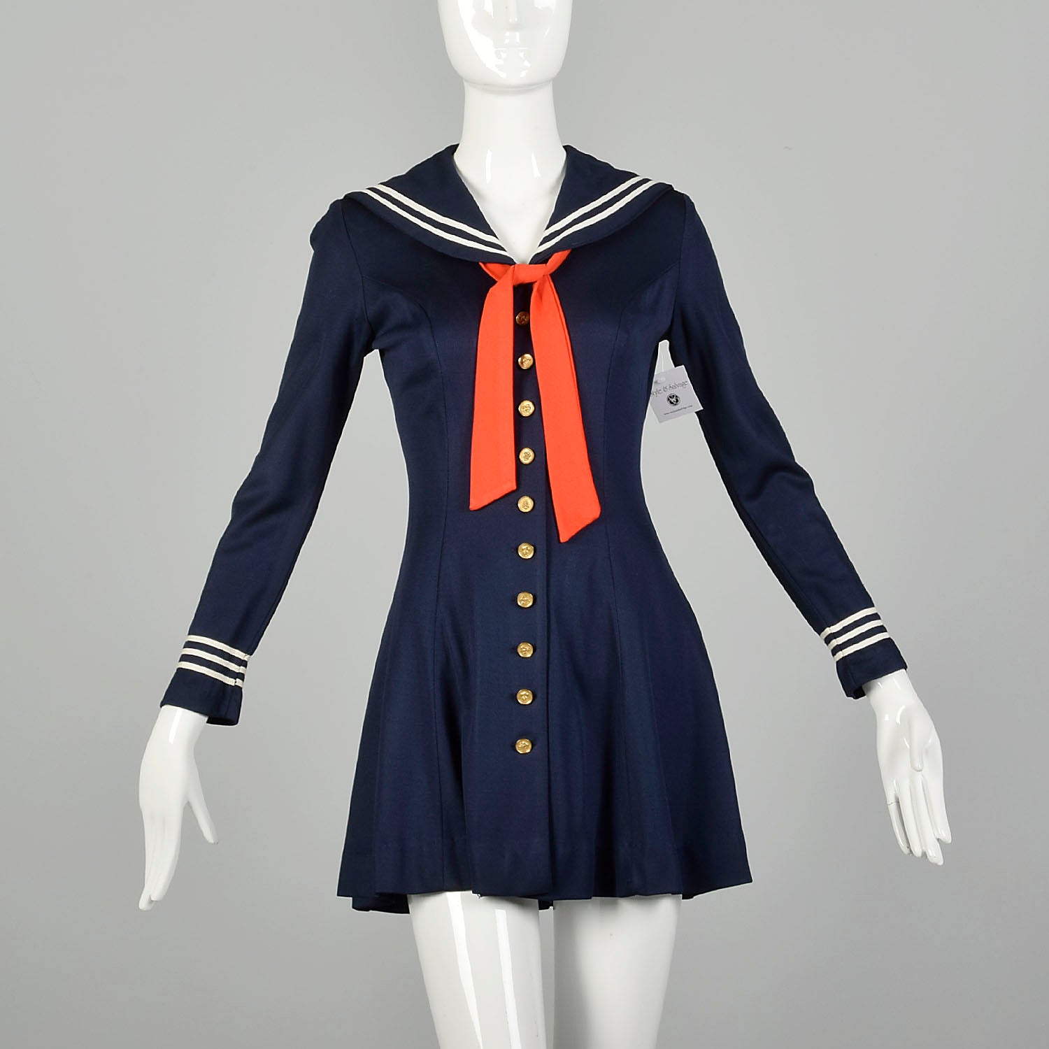 Small 1970s Sexy Sailor Dress Micro Mini Navy Blue Long Sleeves