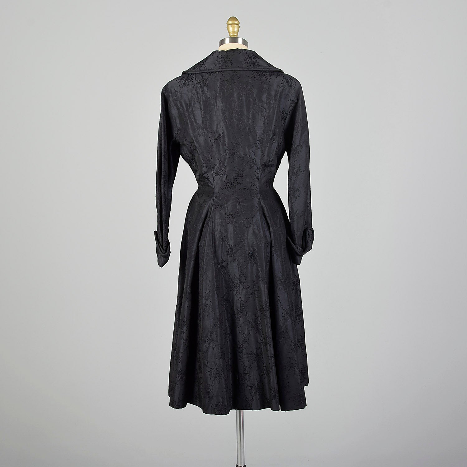 XS 1950s Via Veneto Couture Boutique Black Silk Princess Coat Made In Italy
