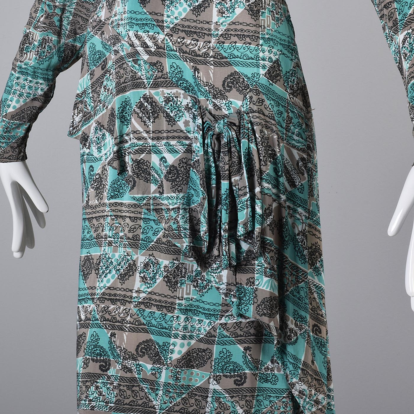 1940s Aqua Blue and Taupe Rayon Dress