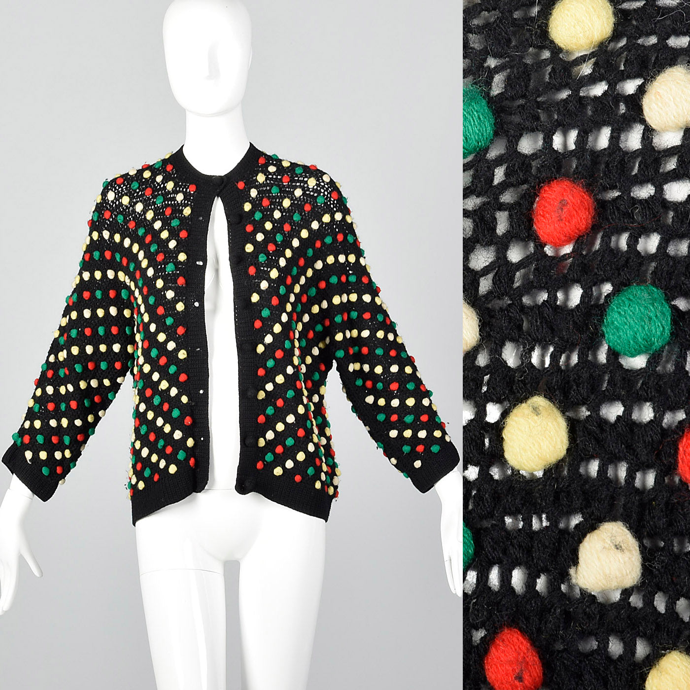 1960s Black Sweater with Multicolored Pom Poms