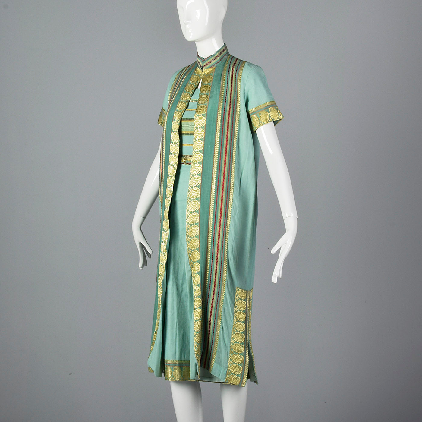 1950s Dress and Jacket Set in Aqua with Gold Trim