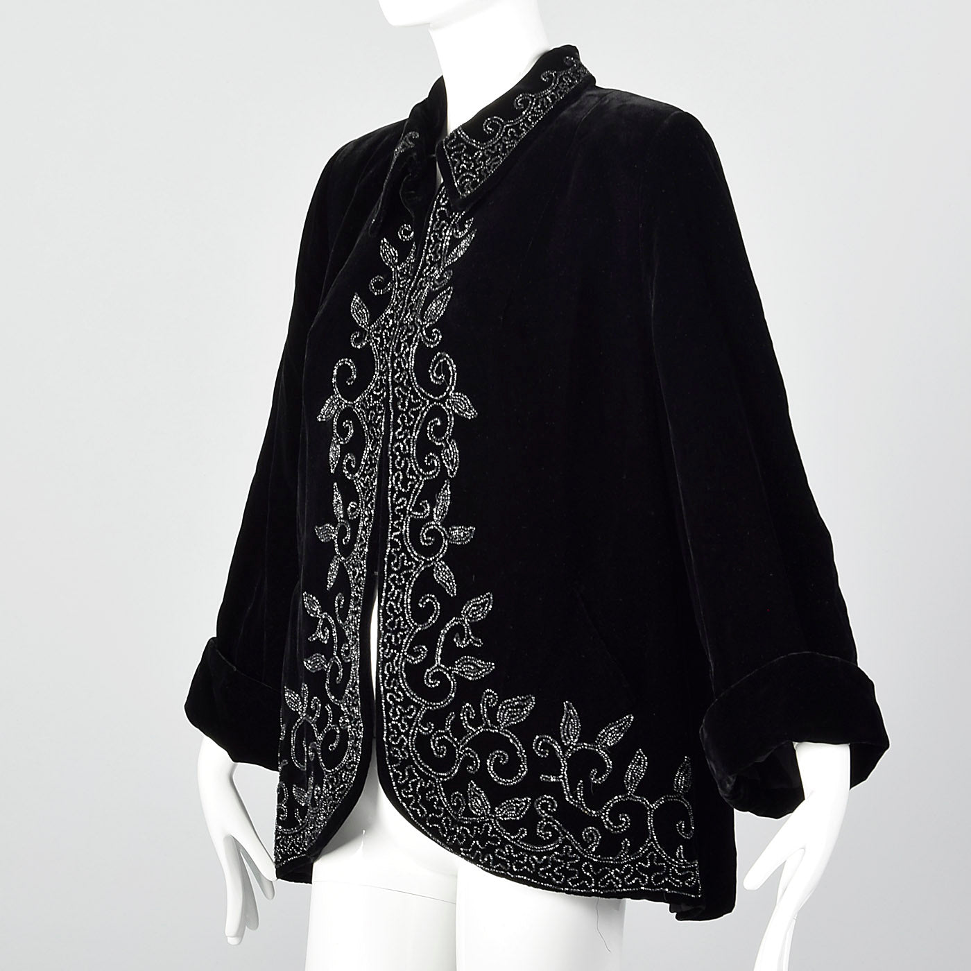1940s Black Velvet Beaded Swing Jacket