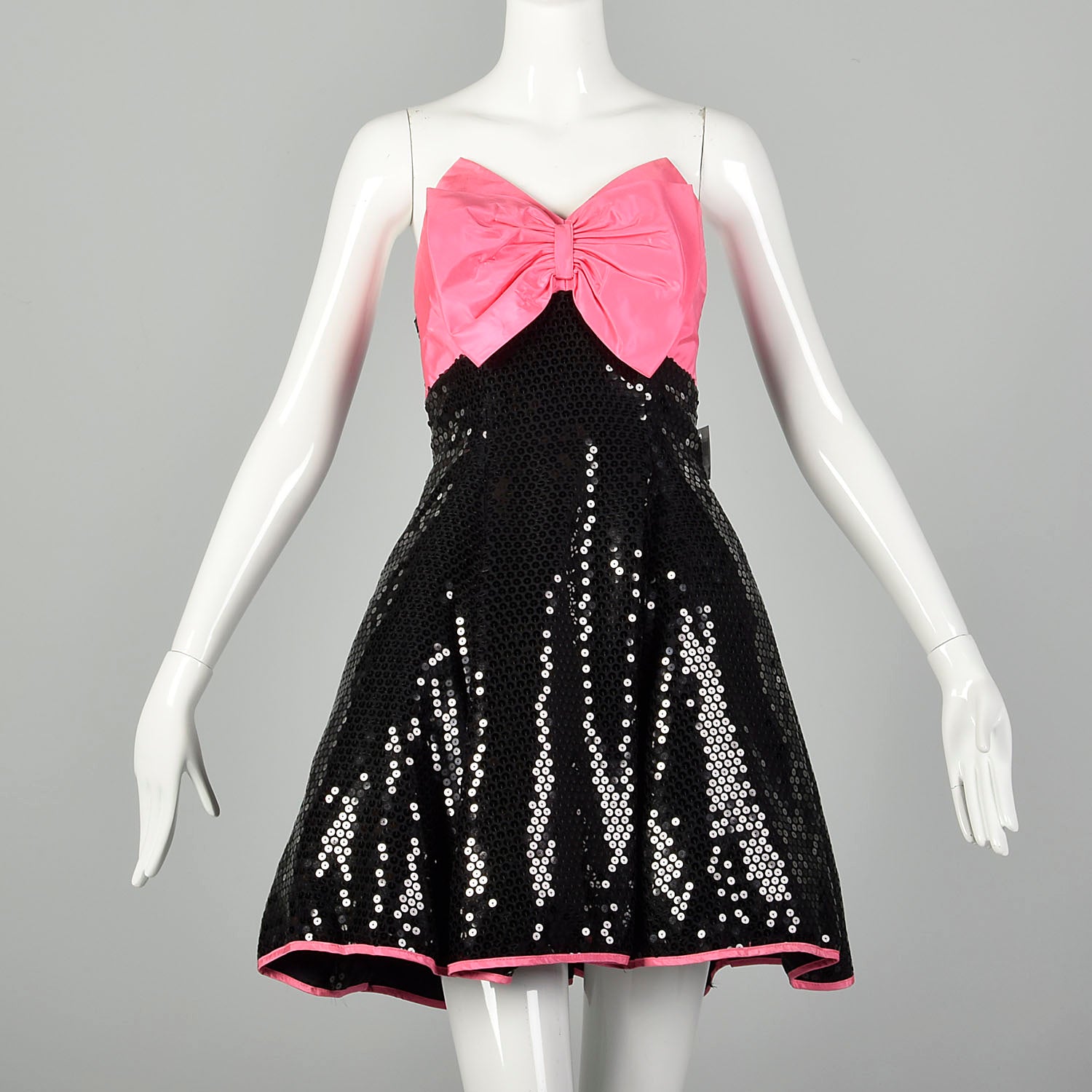 XS 1980s Black Sequin Dress Hot Pink Strapless Cocktail Mini