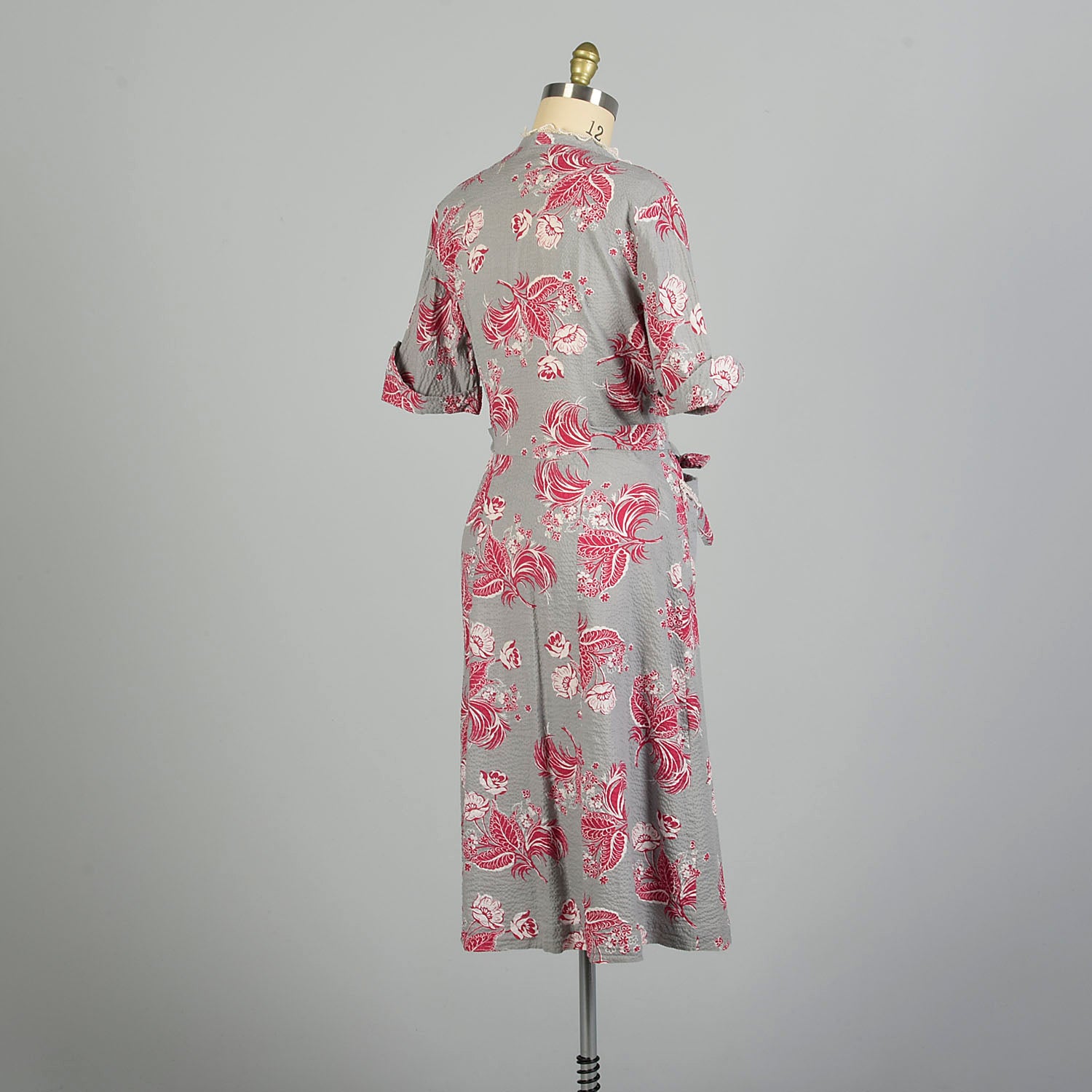 XXL 1950s Seersucker Wrap Dress Novelty Print Grey Hot Pink Casual Summer Day Dress House Dress