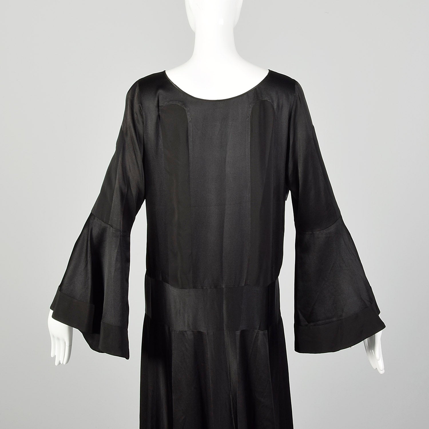 Large 1920s Silk Dress Black on Black Art Deco Trumpet Bell Sleeve Evening Gown