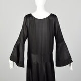 Large 1920s Silk Dress Black on Black Art Deco Trumpet Bell Sleeve Evening Gown