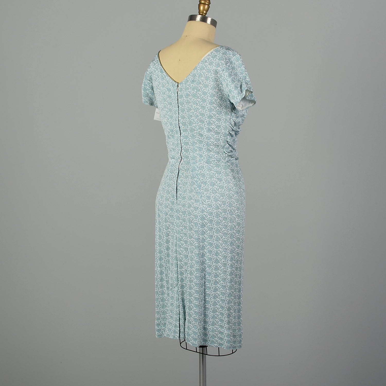 Small 1960s Blue and White Lurex Floral Print Knit Dress