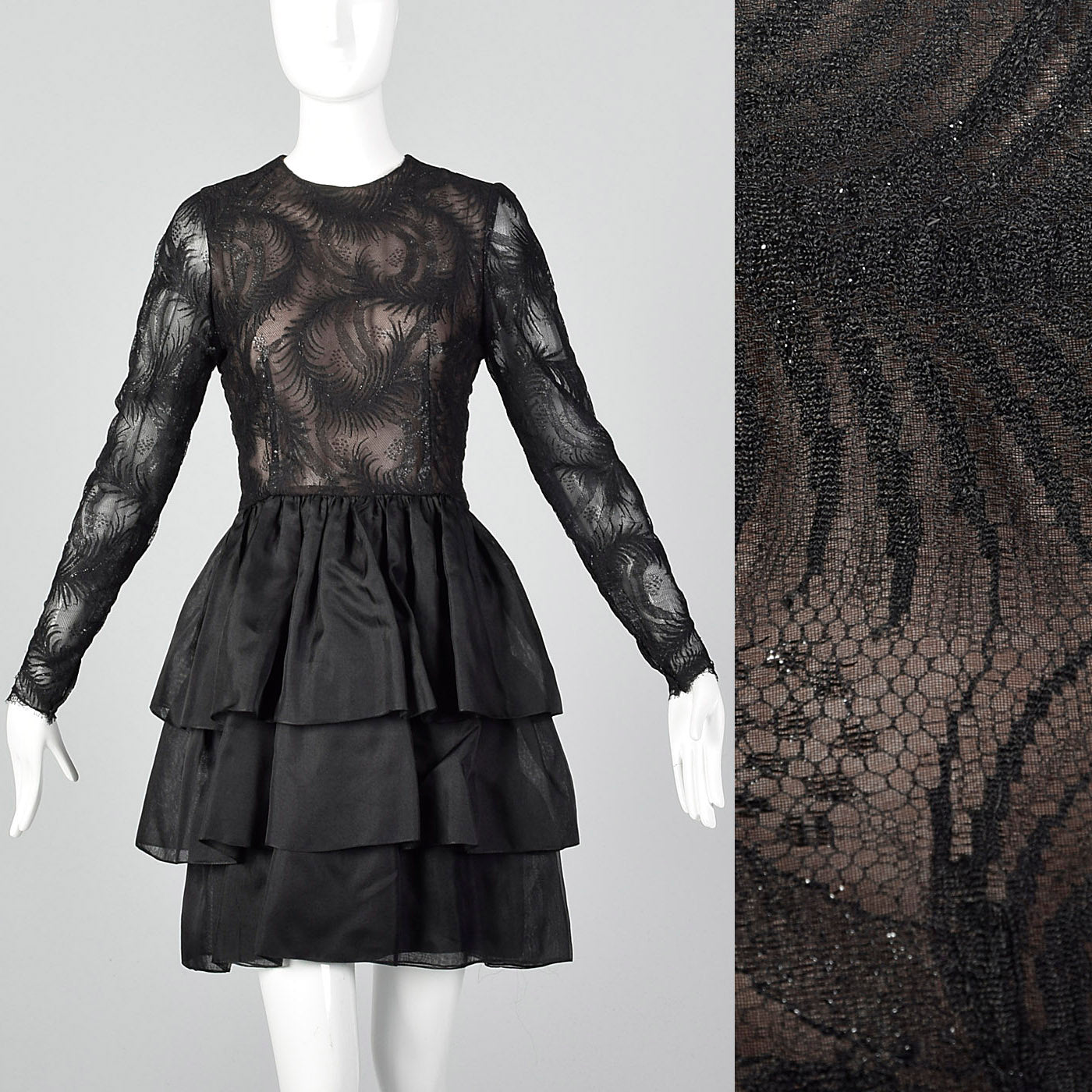 1980s Hanae Mori Black Lace Illusion Dress