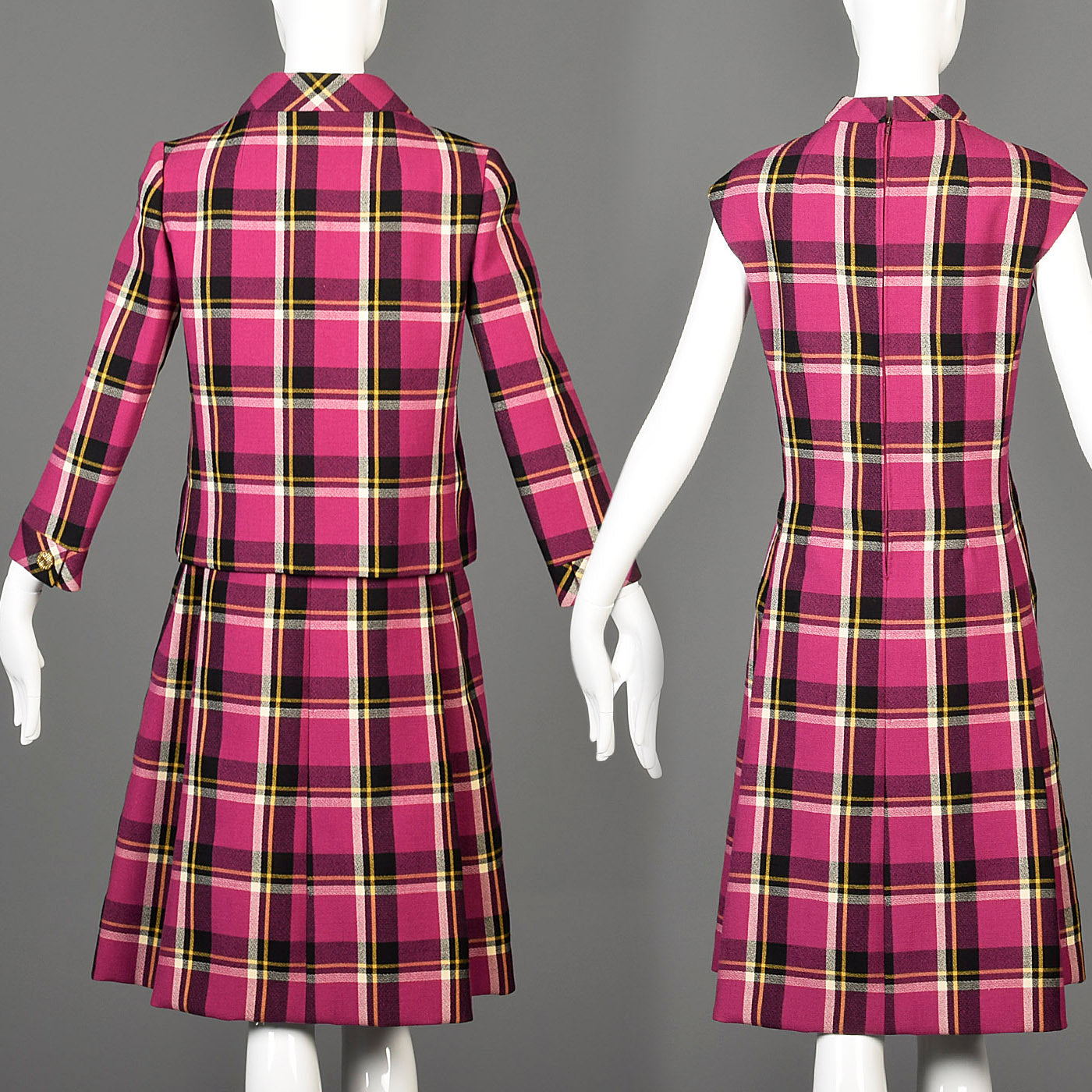 1960s Christian Mann for Marquise Plaid Two Piece Dress and Jacket Set