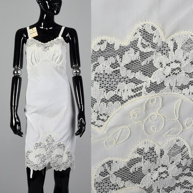 1950s Deadstock White Nylon Slip with Floral Soutache