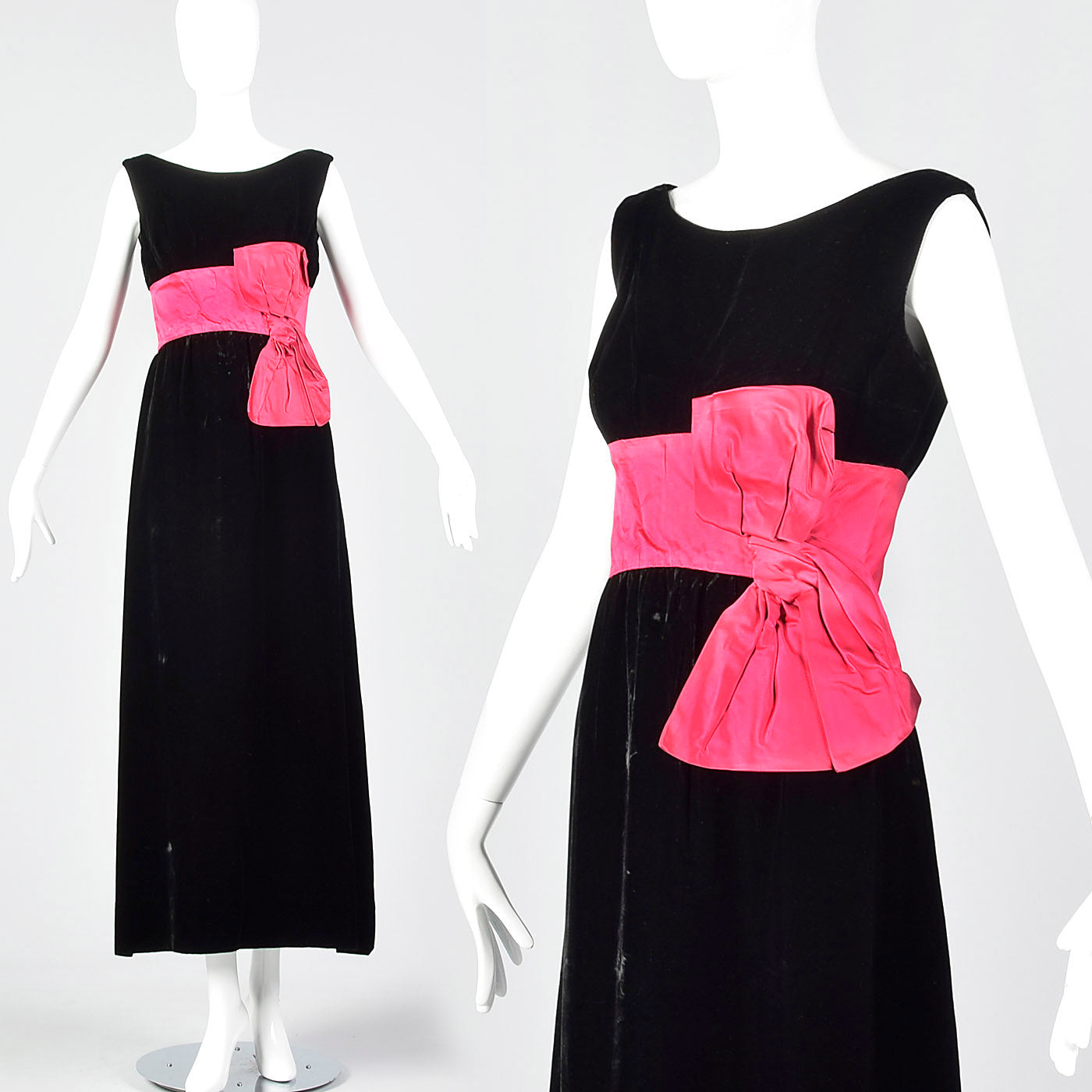 1960s Black Velvet Dress with Pink Cummerbund Waist