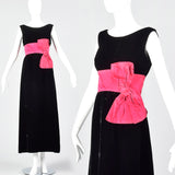 1960s Black Velvet Dress with Pink Cummerbund Waist