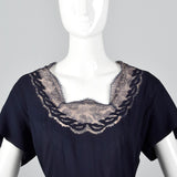 1950s Blue Rayon Dress with Lace Illusion Neckline