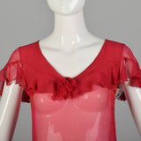 XXS 1920s Flapper Dress Crinkle Red Silk with Flirty Ruffles