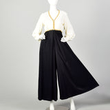 Large 1970s Palazzo Pant Jumpsuit Long Sleeve Flowy V Neck Hostess