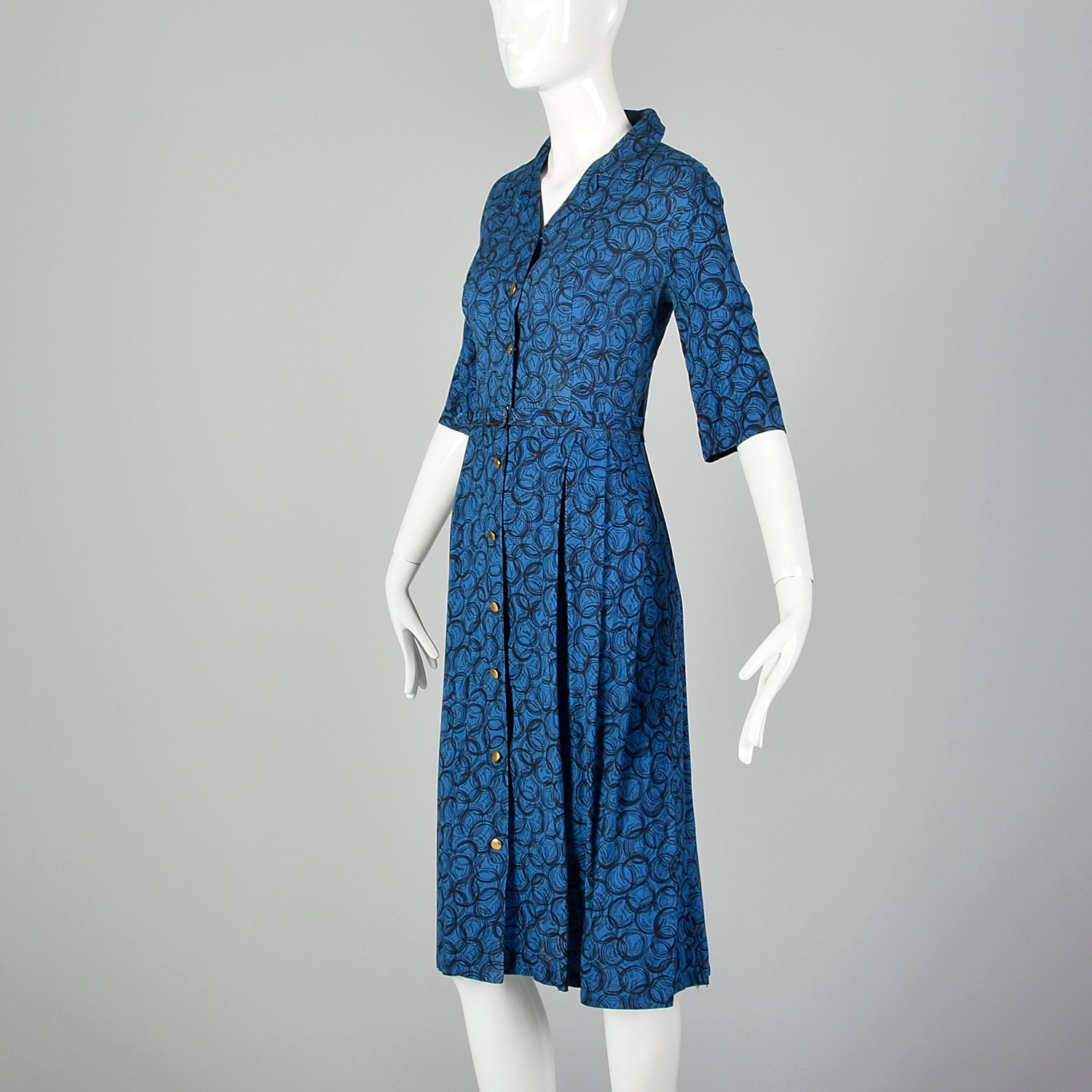 Large 1950s Blue Geometric Print Day Dress