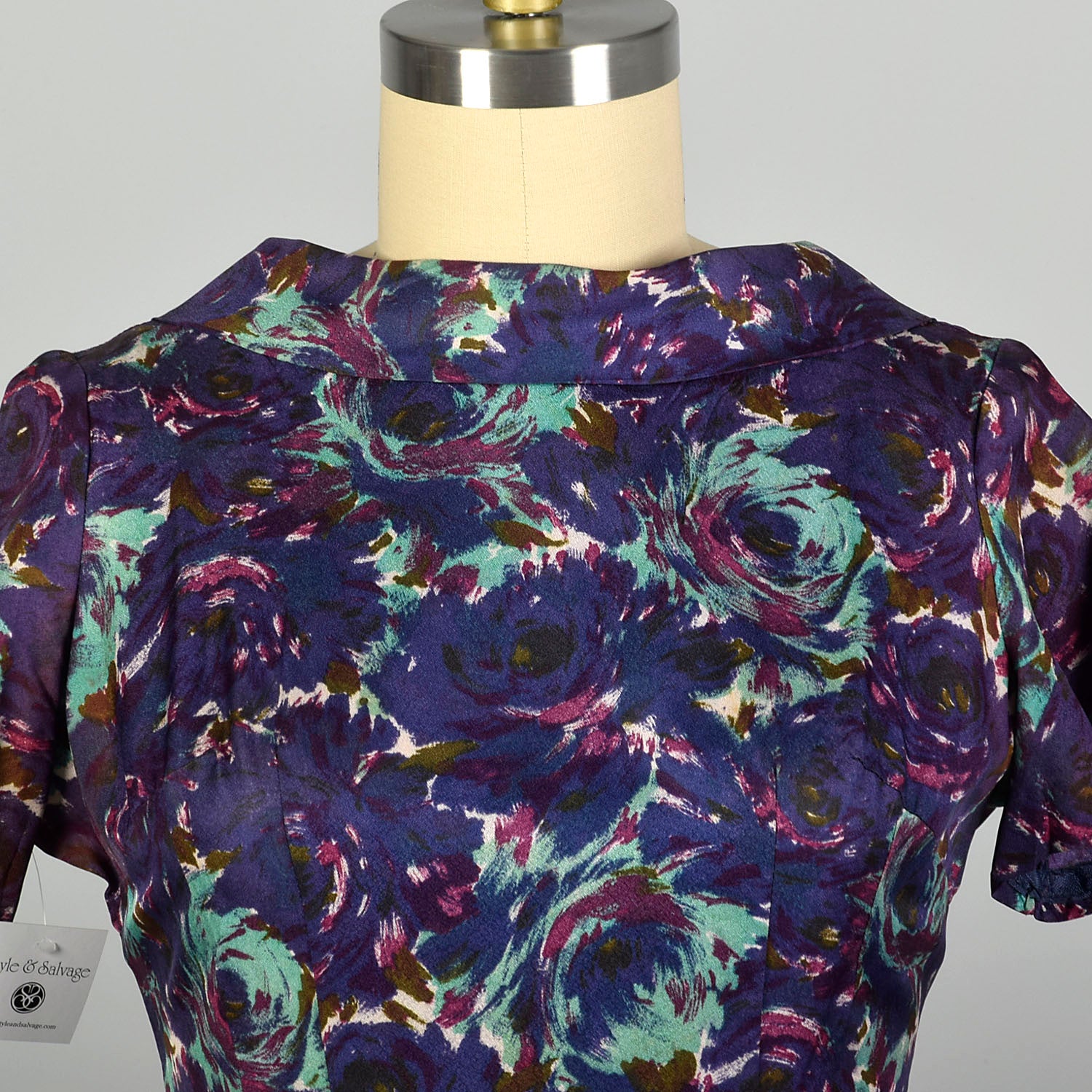 Large 1950s Blue and Purple Swirl Patterned Acetate Dress