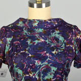 Large 1950s Blue and Purple Swirl Patterned Acetate Dress