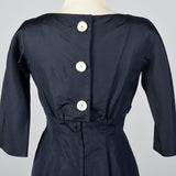1950s Navy Blue Silk Dress with Mother of Pearl Buttons