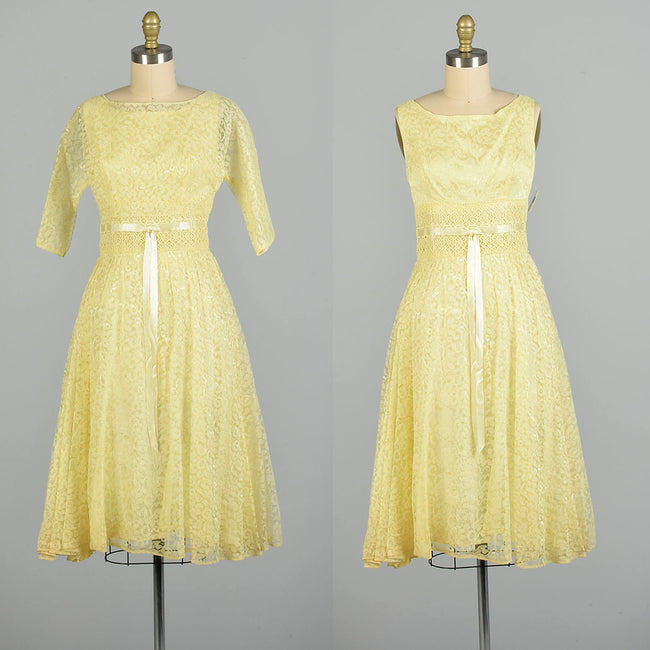 Small 1960s Yellow Lace 2pc Set Crop Top Sleeveless Dress