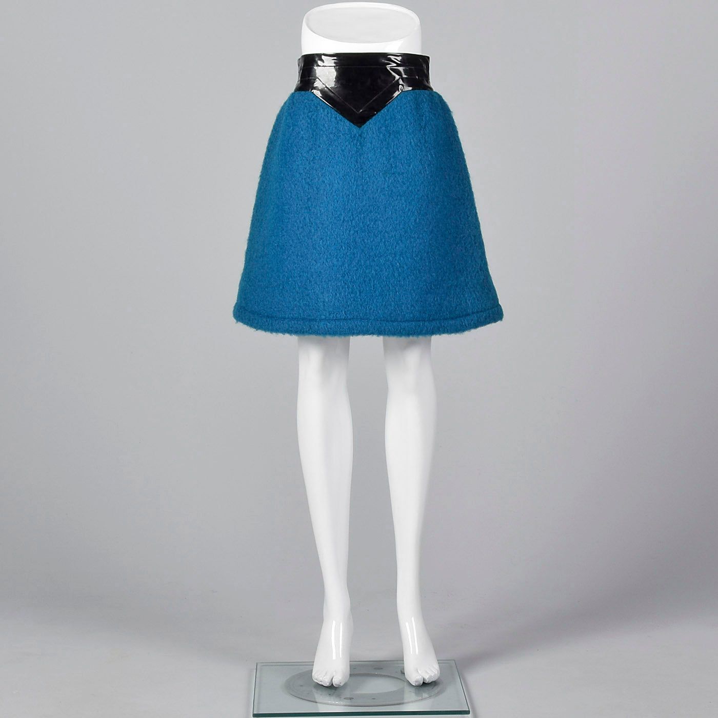 1960s Pierre Cardin Space Age Mod Blue Mohair and Black Vinyl Mini Skirt