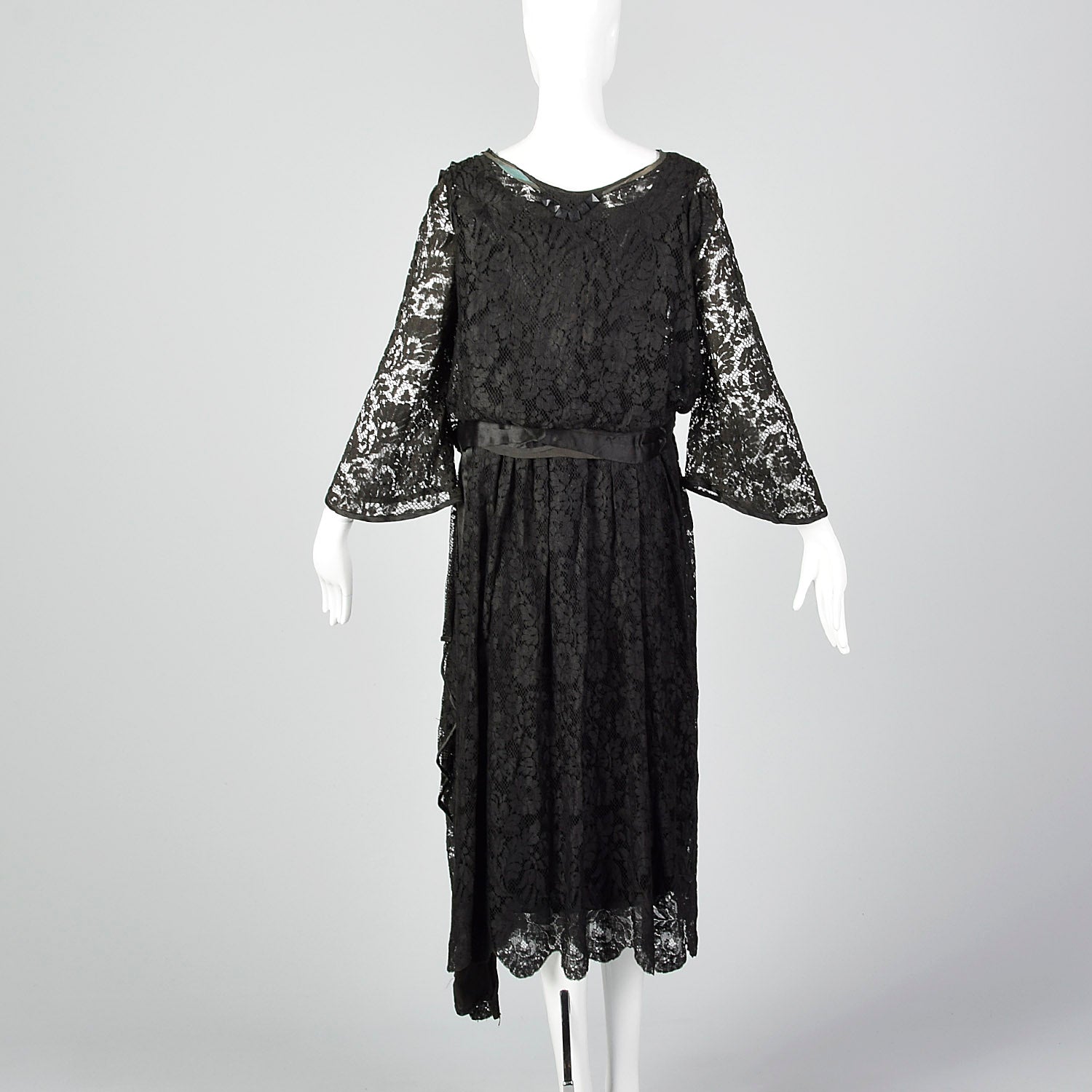 1920s Lace Dress with Hip Sash and Bell Sleeves Style & Salvage 1920s Lace Dress with Hip Sash and Bell Sleeves Style & Salvage