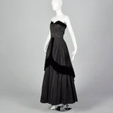 1950s Black Taffeta Evening Dress with Velvet Trim